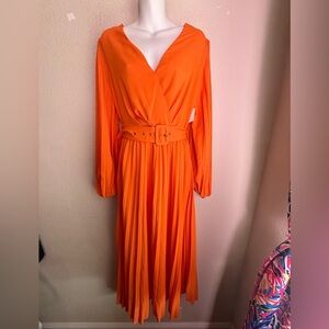 NWT Milk & Honey Orange Wrap Front Long Sleeve Pleated Belted Maxi Dress M